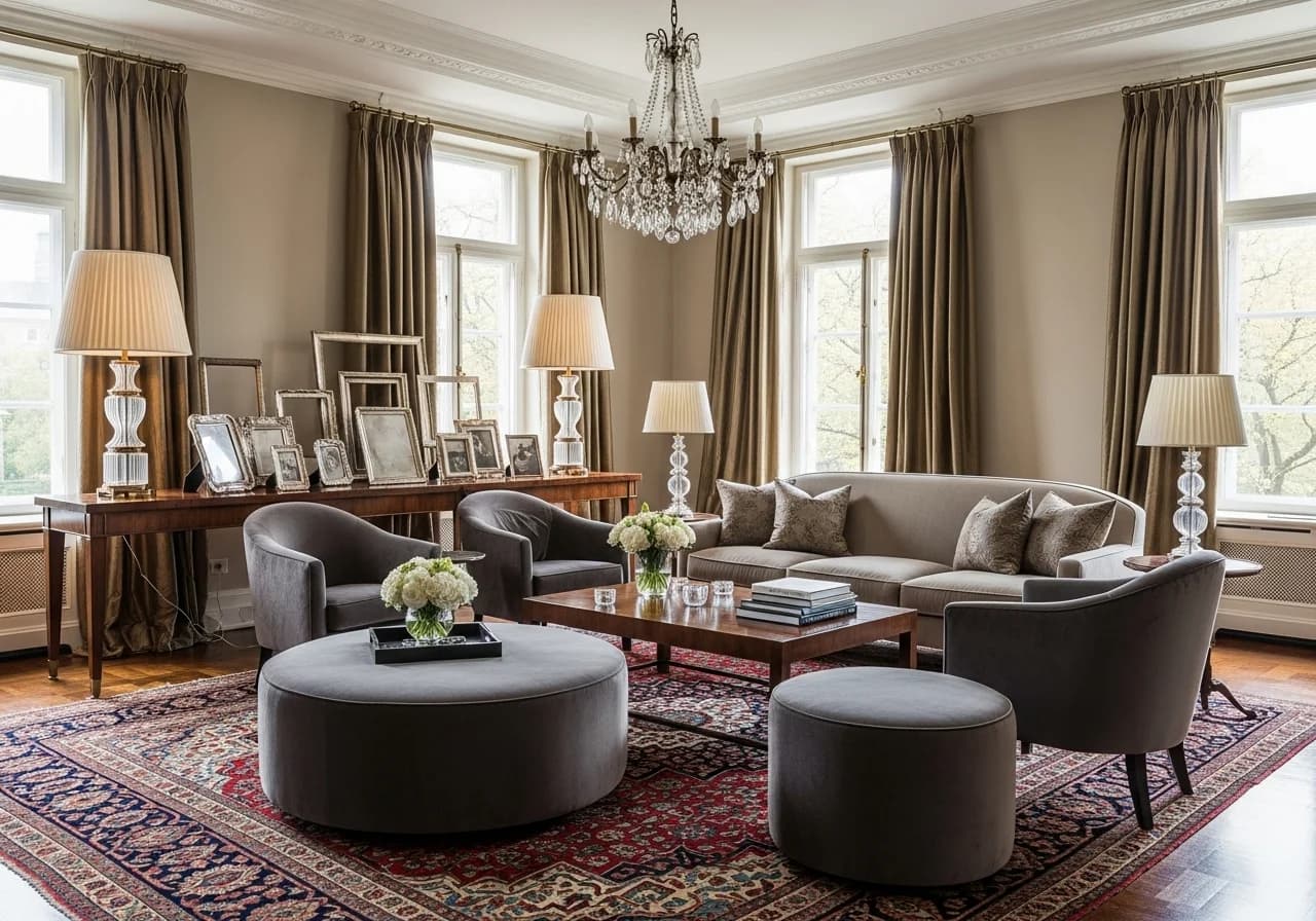 Elegant luxury living room with chandelier lighting and sophisticated interior design layout