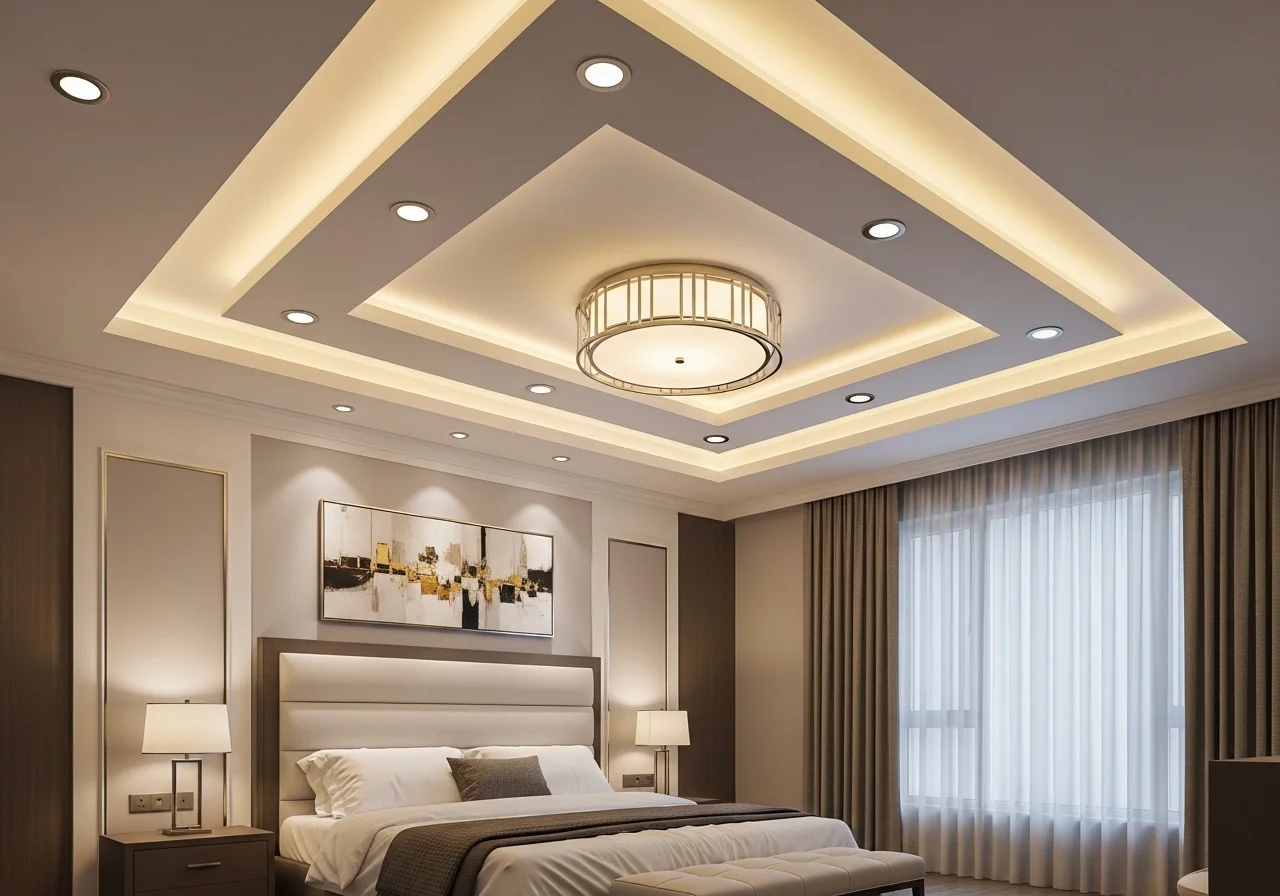 Cozy modern bedroom featuring soft ambient lighting, fairy lights, and aesthetic decor