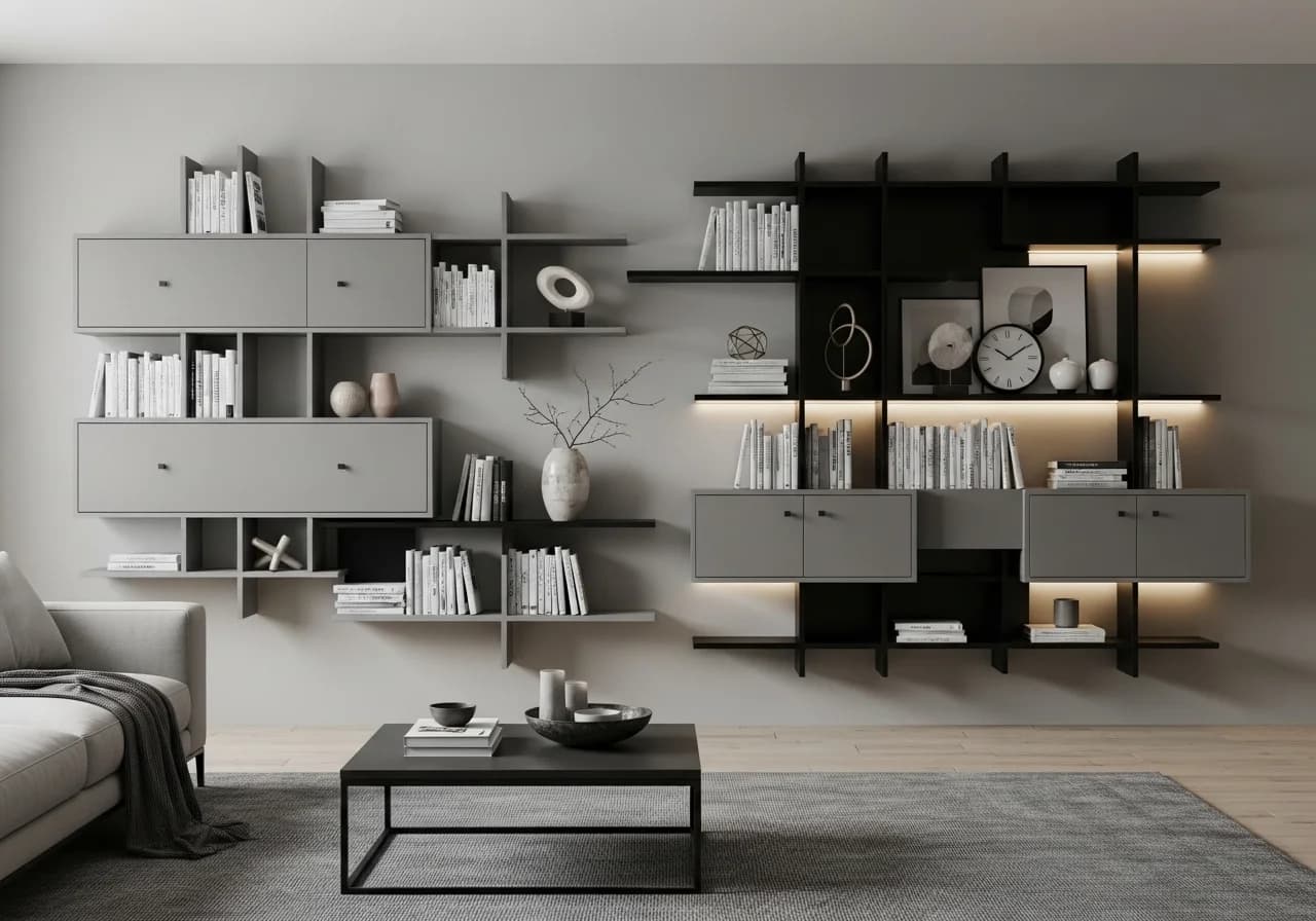 Space saving wall shelves ideas with modern minimalist interior design