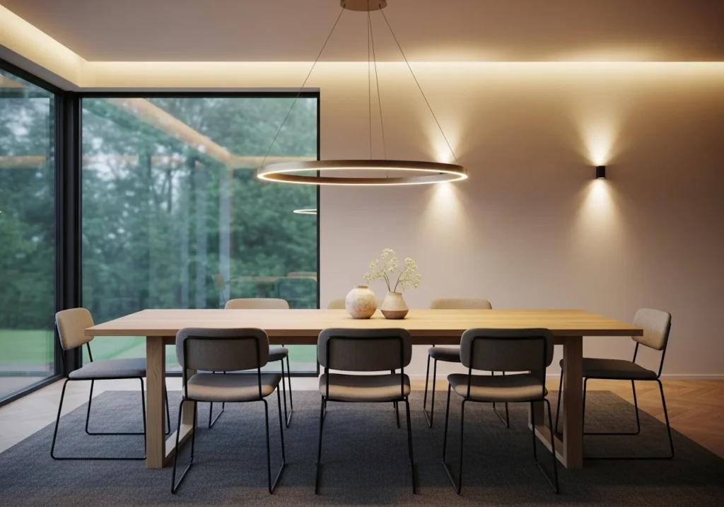 Modern Dining Room Decor Ideas featuring elegant table setup, stylish lighting, wooden dining furniture, and cozy contemporary interior design