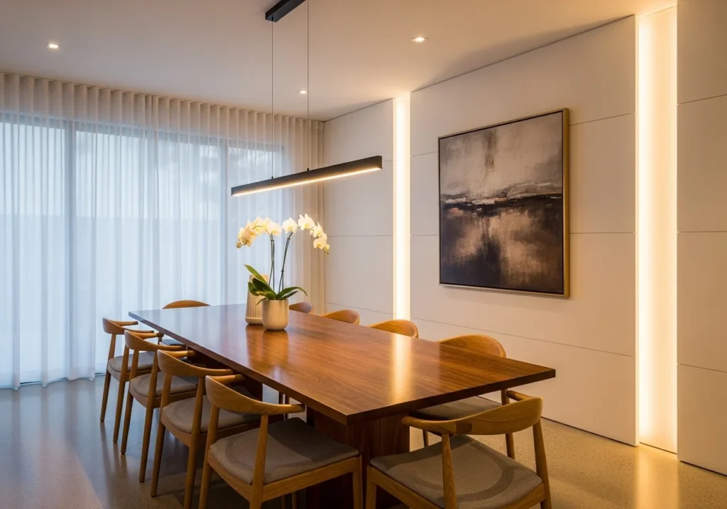 Modern Dining Room Decor Ideas featuring elegant table setup, stylish lighting, wooden dining furniture, and cozy contemporary interior design