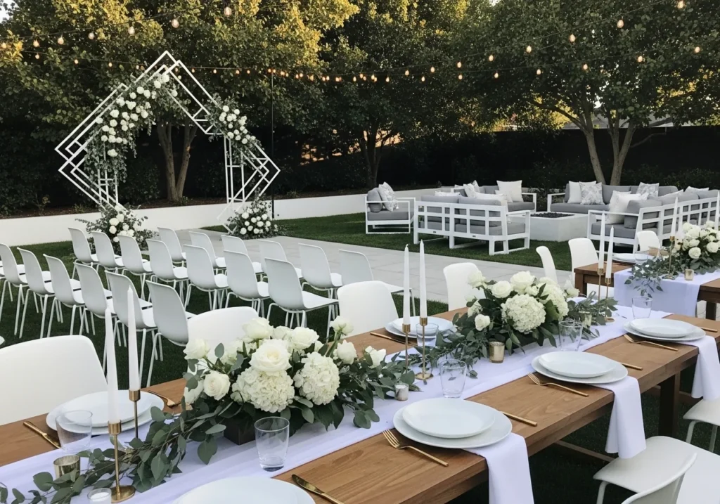 Outdoor Wedding Ideas with a romantic setup, elegant decor, soft lighting, floral arrangements, and a beautiful nature-inspired wedding theme for 2026