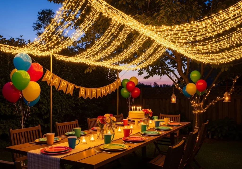 stunning birthday decoration at home ideas with balloons lights cake and stylish party setup