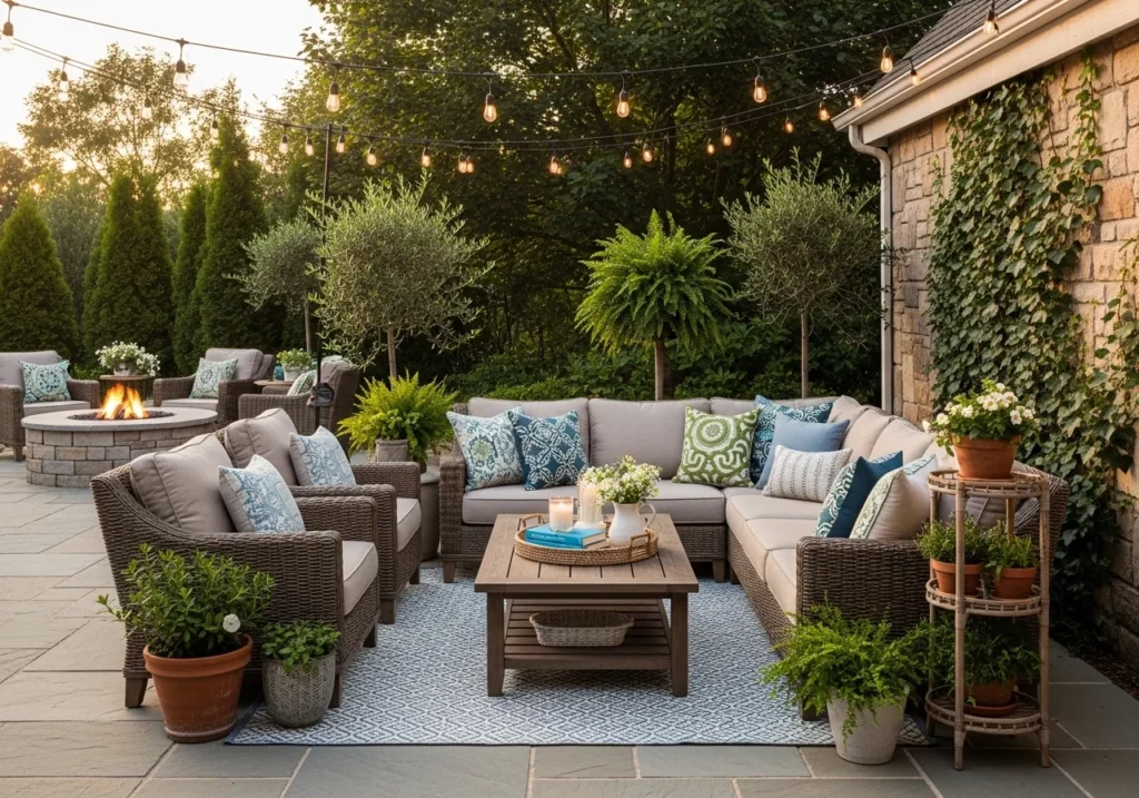 Stylish patio decor ideas with cozy seating, outdoor lighting, plants, and modern furniture for a beautiful upgraded outdoor space