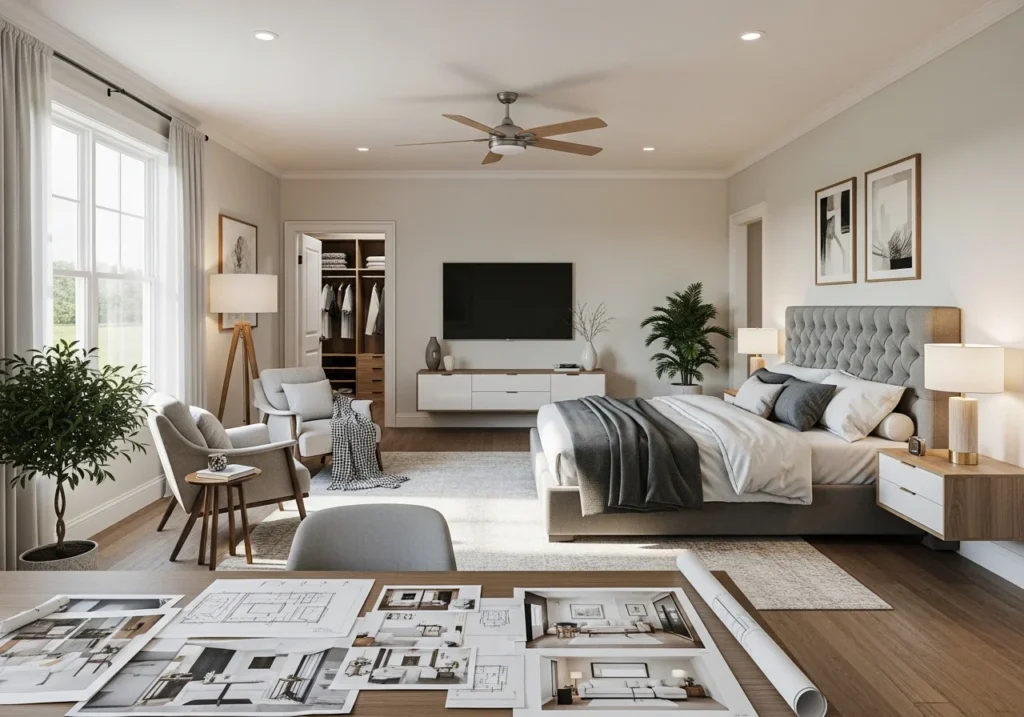 Modern bedroom design ideas with cozy stylish decor, elegant furniture, soft lighting, and functional layout for a beautiful relaxing space.