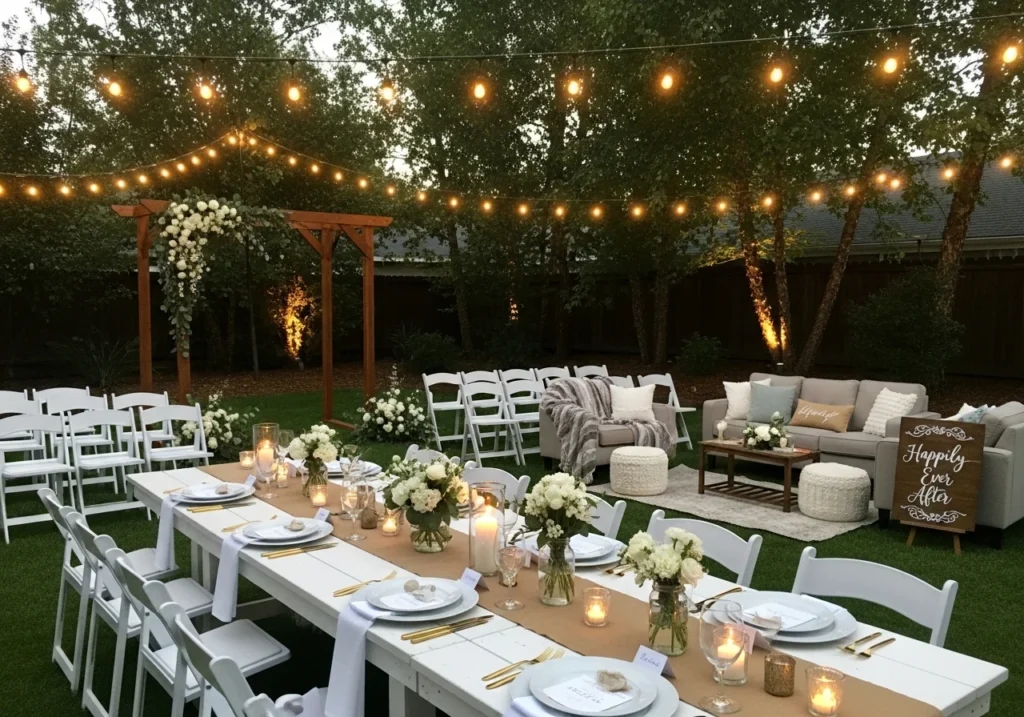 Outdoor Wedding Ideas with a romantic setup, elegant decor, soft lighting, floral arrangements, and a beautiful nature-inspired wedding theme for 2026