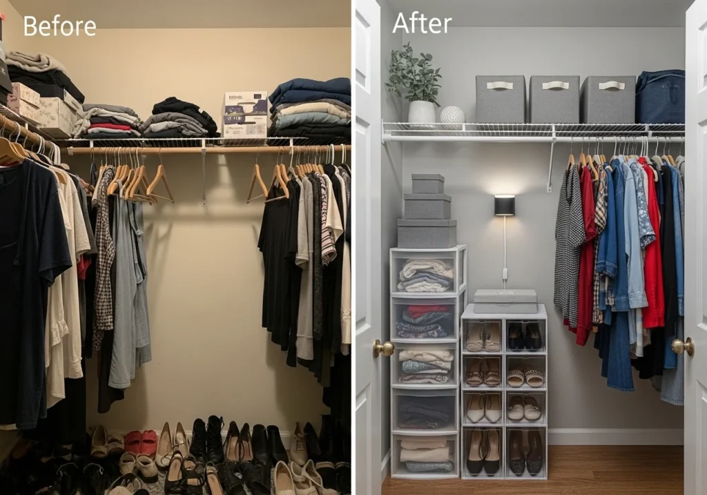 Stylish bedroom closet ideas with smart storage solutions, modern shelves, sliding doors, and functional wardrobe design
