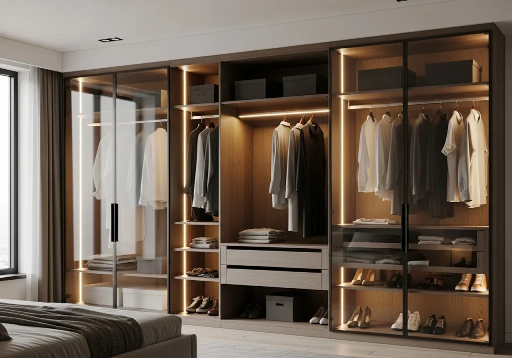 Stylish bedroom closet ideas with smart storage solutions, modern shelves, sliding doors, and functional wardrobe design
