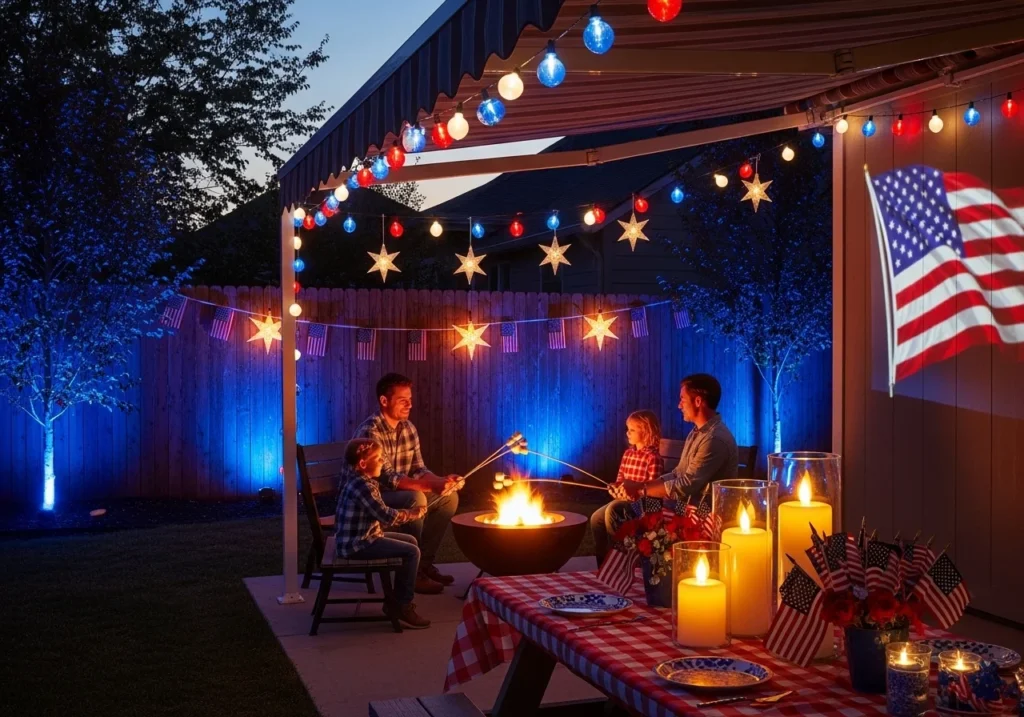 Patriotic Memorial Day decorations featuring red white and blue themed outdoor table setup, flags, candles, and festive summer celebration decor
