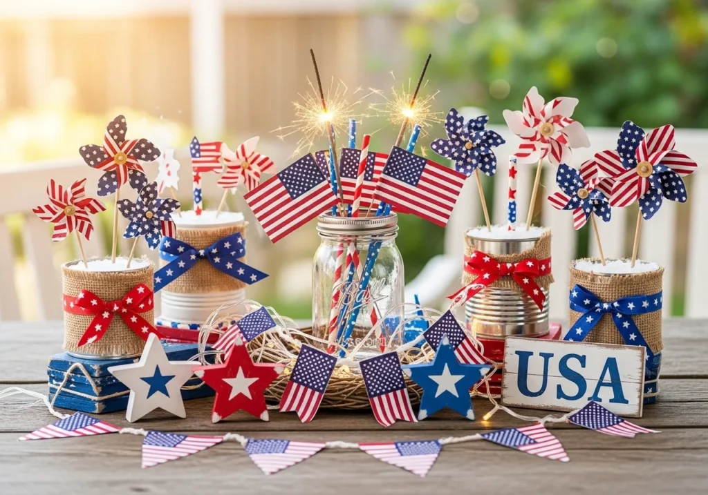 Patriotic Memorial Day decorations featuring red white and blue themed outdoor table setup, flags, candles, and festive summer celebration decor