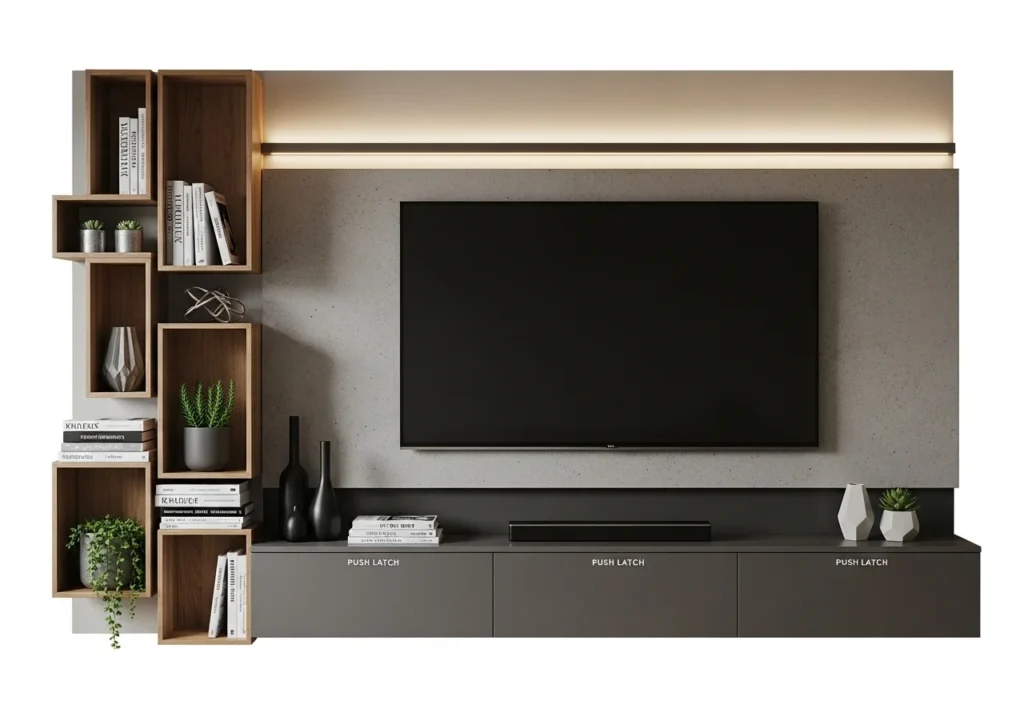 Modern TV Wall Design Ideas for stylish living room with sleek panels, floating shelves, and elegant decor setup