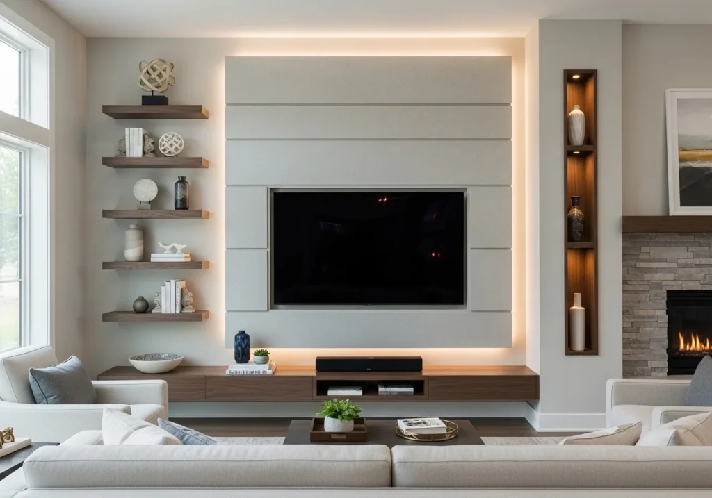 Modern TV Wall Design Ideas for stylish living room with sleek panels, floating shelves, and elegant decor setup