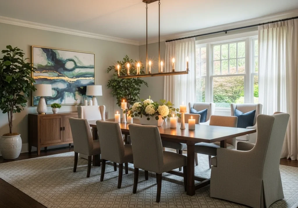 Modern Dining Room Decor Ideas featuring elegant table setup, stylish lighting, wooden dining furniture, and cozy contemporary interior design