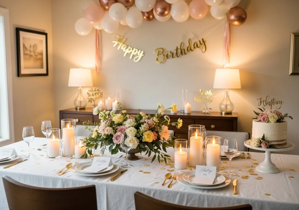 stunning birthday decoration at home ideas with balloons lights cake and stylish party setup