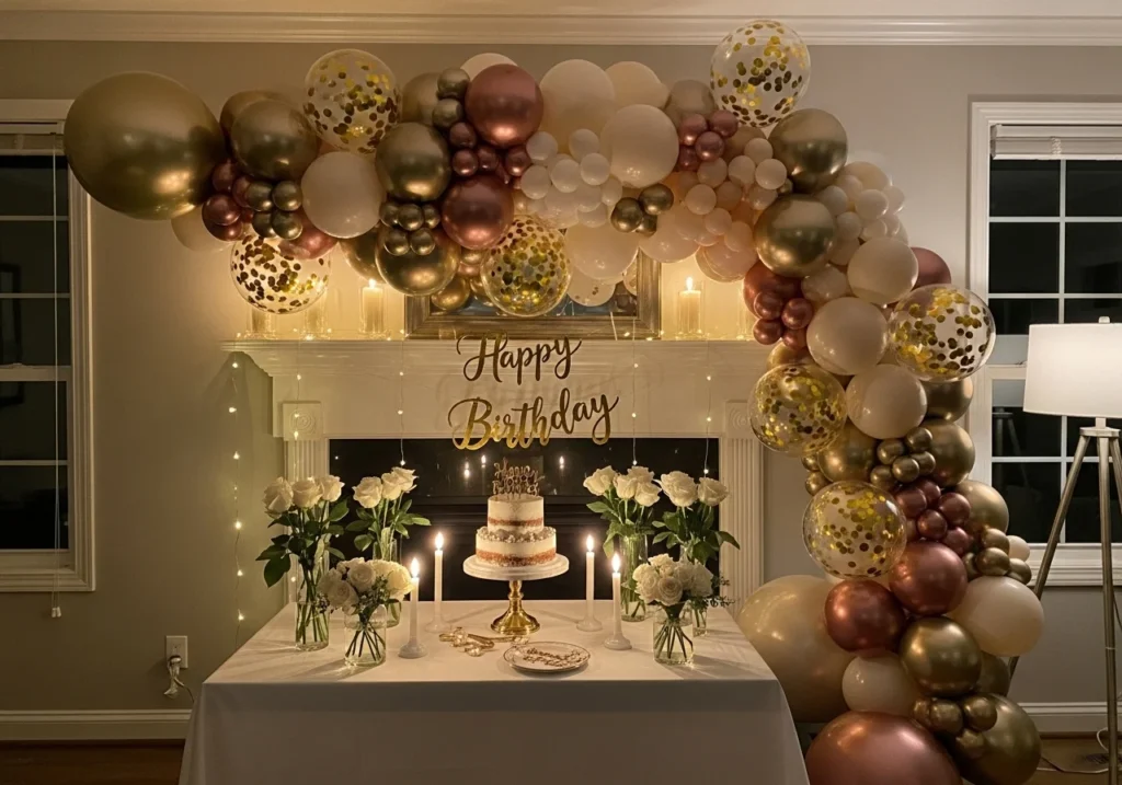 stunning birthday decoration at home ideas with balloons lights cake and stylish party setup