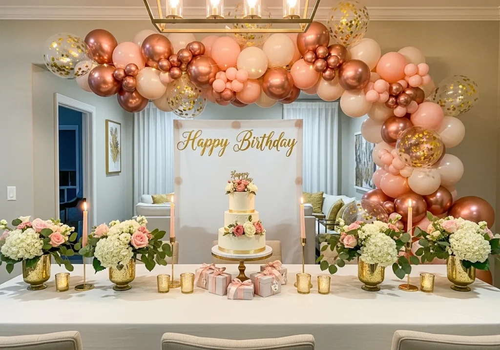 stunning birthday decoration at home ideas with balloons lights cake and stylish party setup