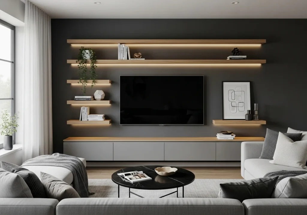 Modern TV Wall Design Ideas for stylish living room with sleek panels, floating shelves, and elegant decor setup