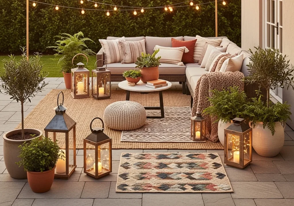 Stylish patio decor ideas with cozy seating, outdoor lighting, plants, and modern furniture for a beautiful upgraded outdoor space