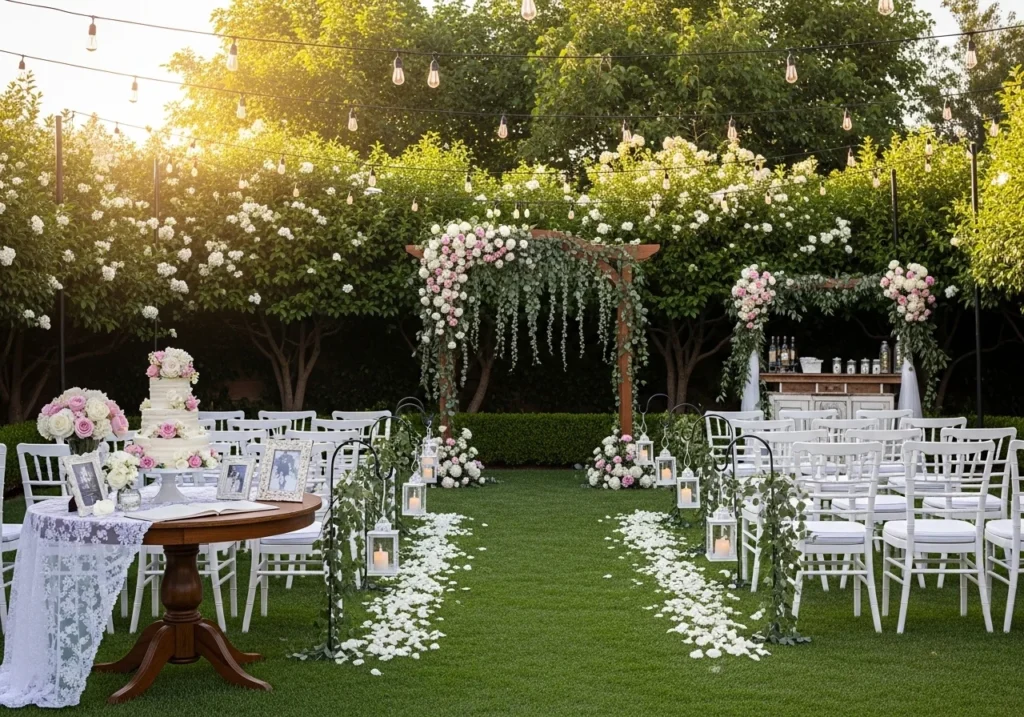 Outdoor Wedding Ideas with a romantic setup, elegant decor, soft lighting, floral arrangements, and a beautiful nature-inspired wedding theme for 2026