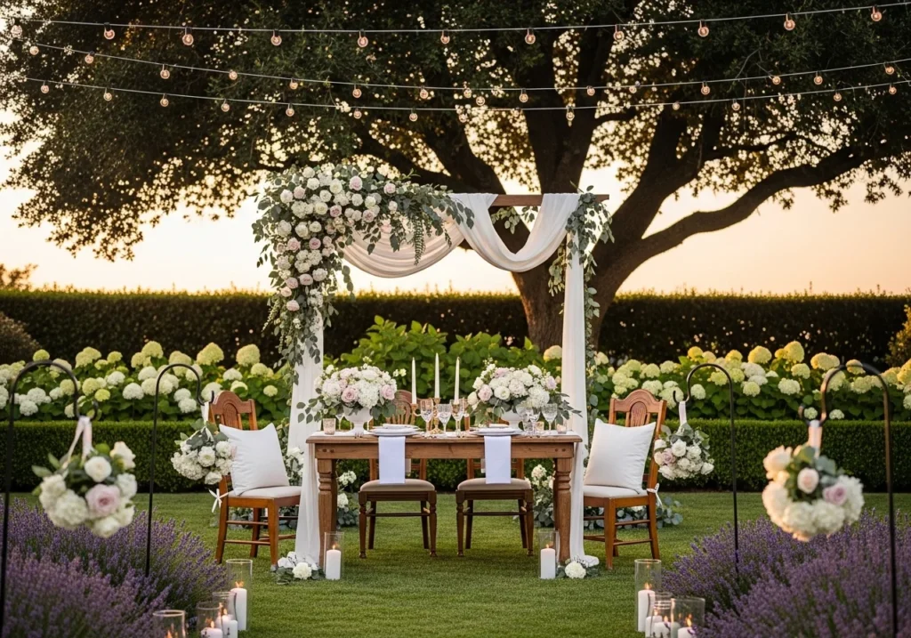 Outdoor Wedding Ideas with a romantic setup, elegant decor, soft lighting, floral arrangements, and a beautiful nature-inspired wedding theme for 2026