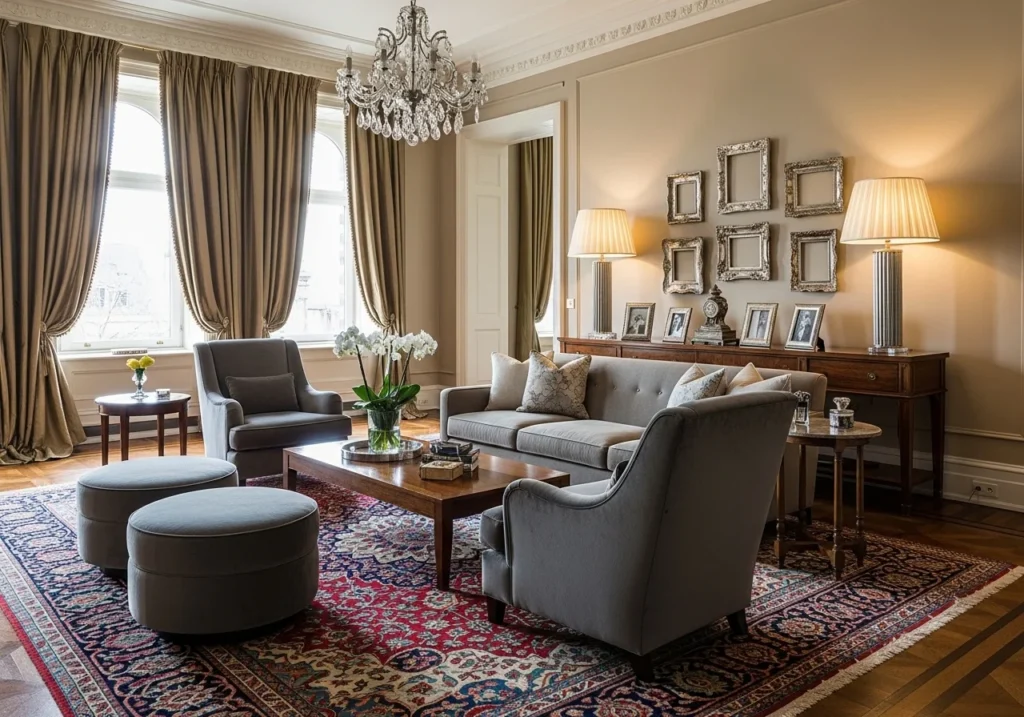 Luxury living room furniture arrangement with modern sofa, marble coffee table and elegant interior design