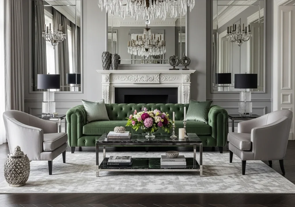 Elegant luxury living room with chandelier lighting and sophisticated interior design layout