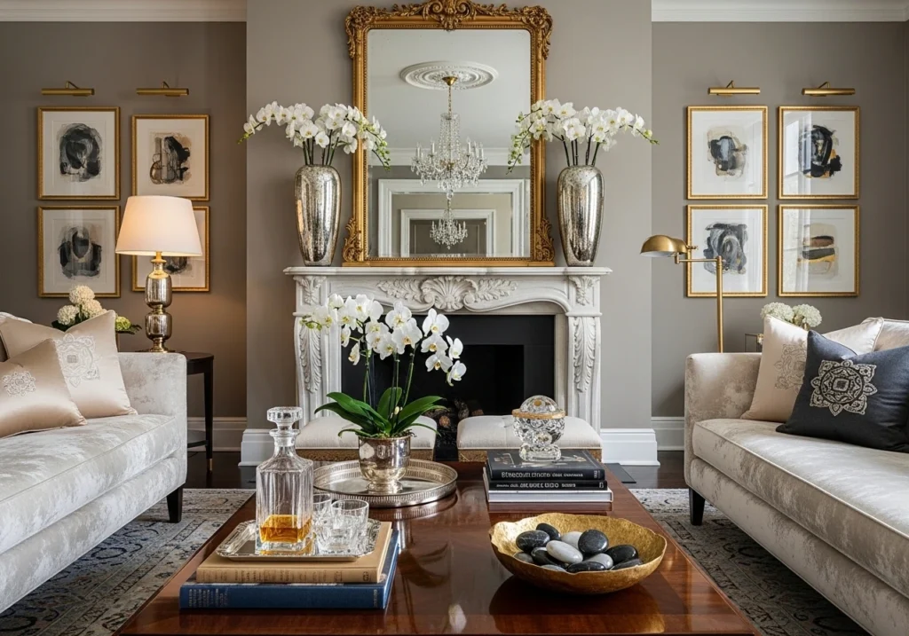 Elegant luxury living room with chandelier lighting and sophisticated interior design layout