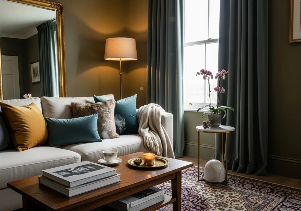 Elegant luxury living room with chandelier lighting and sophisticated interior design layout