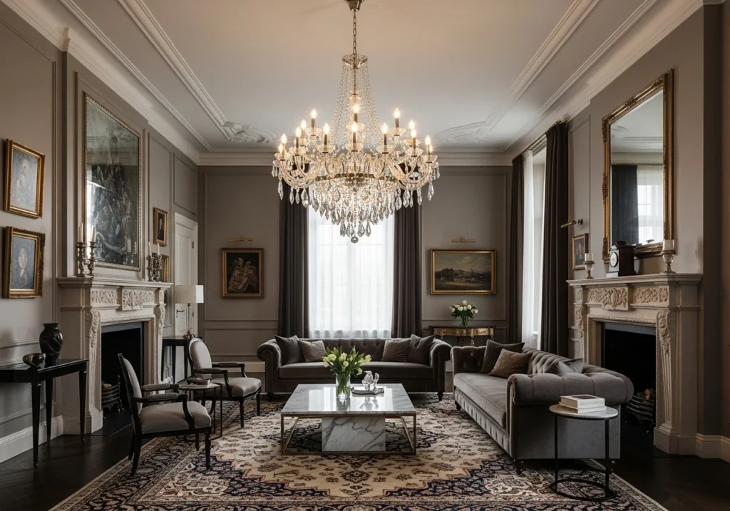 Elegant luxury living room with chandelier lighting and sophisticated interior design layout