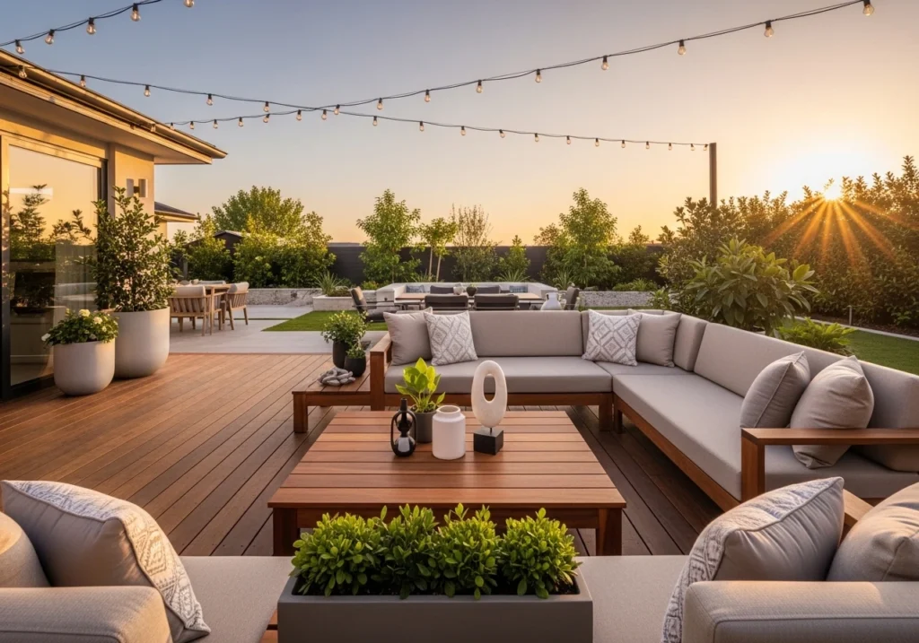Luxury outdoor living space with modern patio seating, warm lights and cozy decor