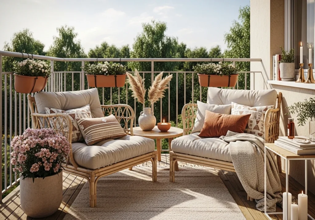 Small outdoor balcony with cozy seating, plants and relaxing boho decor