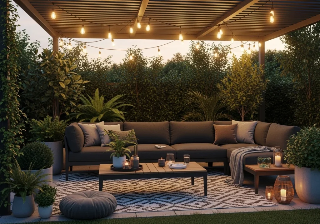 Stylish backyard lounge with pergola, modern furniture and relaxing ambiance