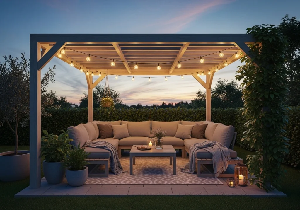 Stylish backyard lounge with pergola, modern furniture and relaxing ambiance