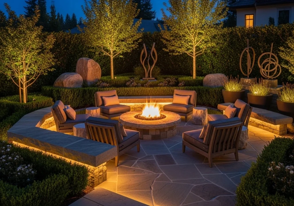 Luxury garden seating with fire pit, cozy chairs and elegant outdoor design