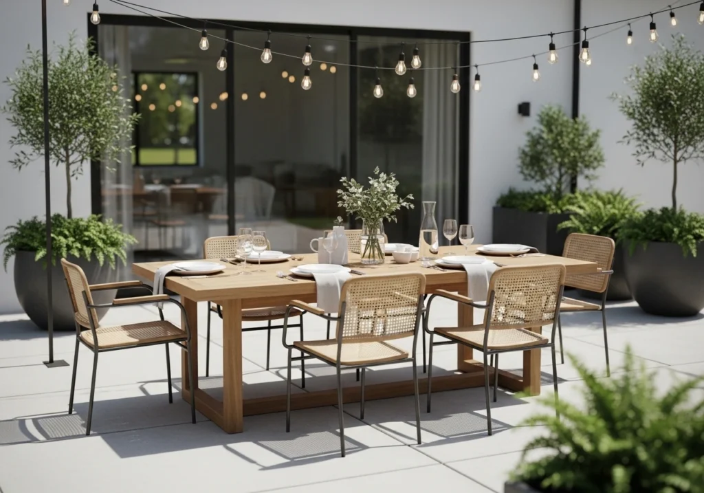 Modern outdoor dining patio with wooden table and stylish furniture