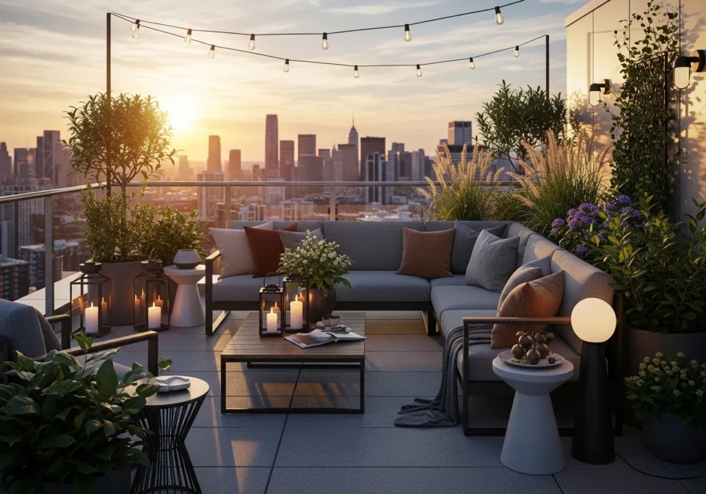 Rooftop outdoor living space with cozy seating, plants and city view