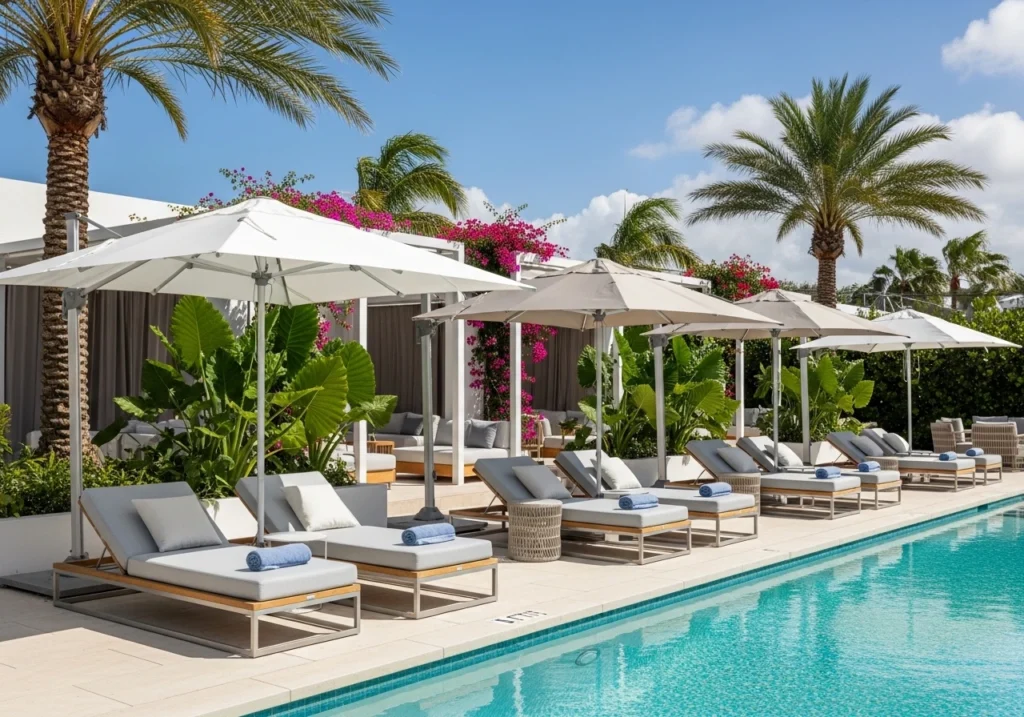 Modern outdoor kitchen with built-in grill, marble counter and stylish backyard design