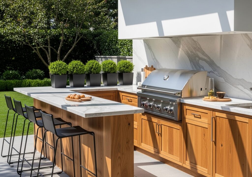 Modern outdoor kitchen with built-in grill, marble counter and stylish backyard design