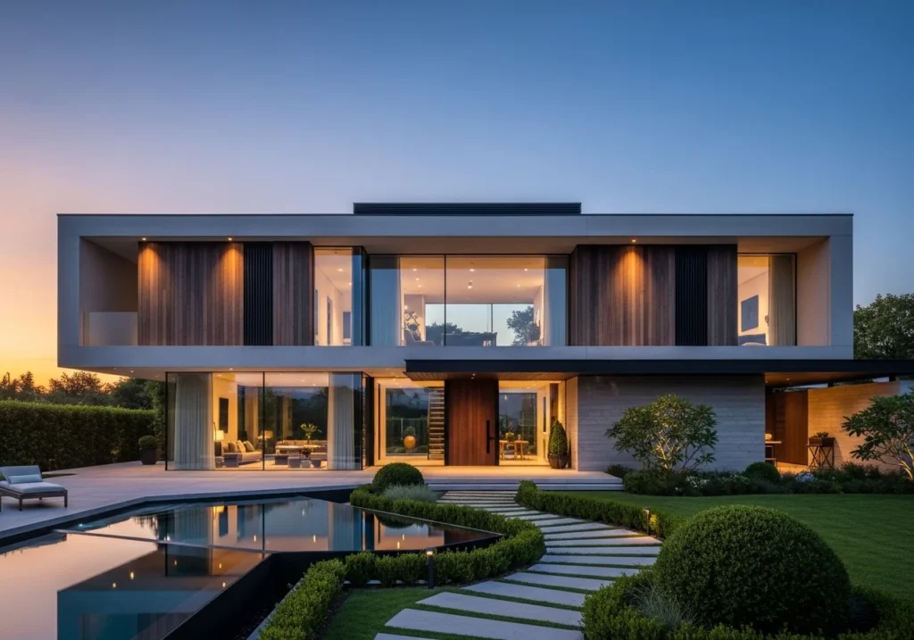 Modern home exterior with sleek contemporary design and glass facade
