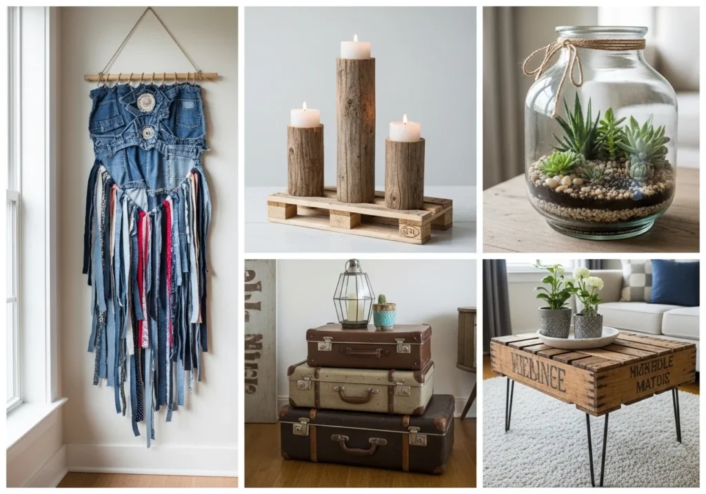 DIY home decor setup with handmade wall art, cozy lighting, budget-friendly decorations, and stylish accessories creating a warm aesthetic space.