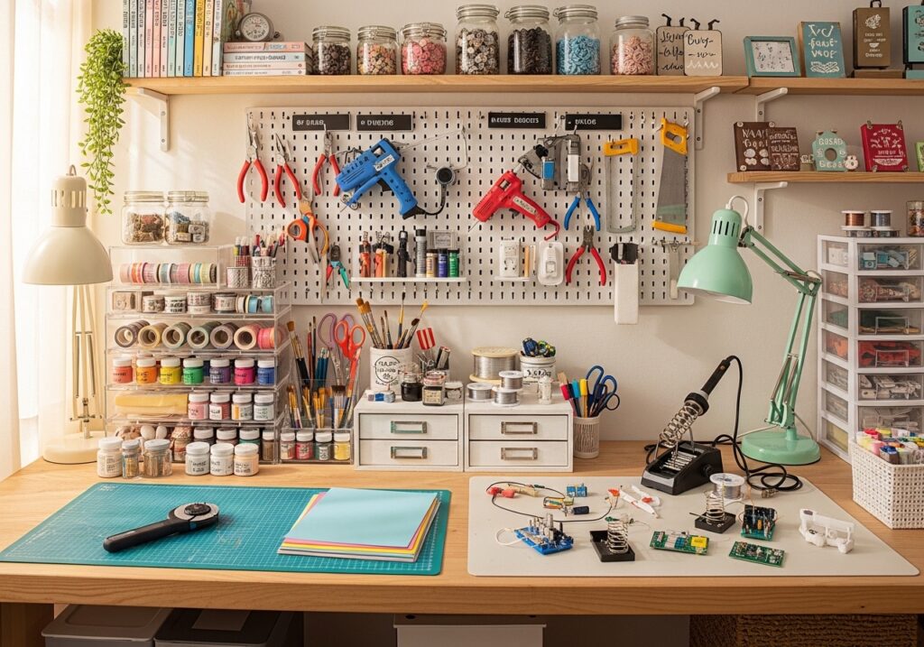 DIY home decor setup with handmade wall art, cozy lighting, budget-friendly decorations, and stylish accessories creating a warm aesthetic space.