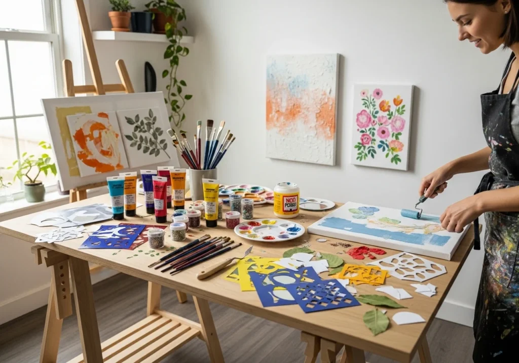 DIY wall art setup with painting tools, brushes, and canvas arranged on a table in a creative workspace