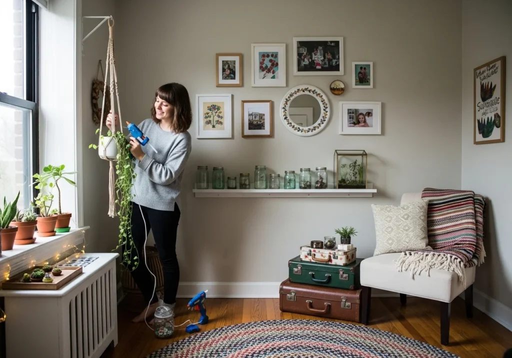 Small space DIY decor ideas showing creative storage, wall decor, and space-saving designs in a compact room