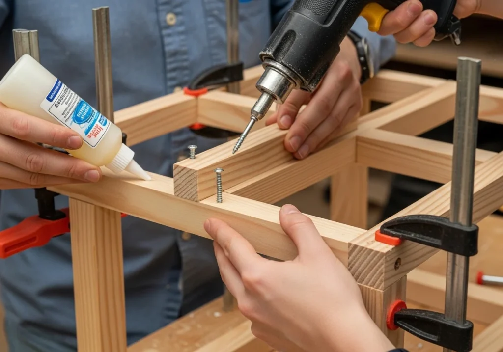 Step-by-step DIY project process showing materials, progress stages, and final result in a creative workspace