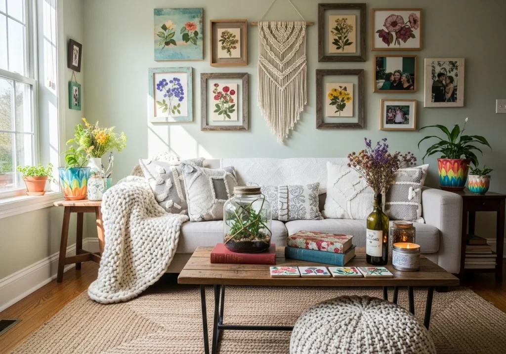 Cozy living room DIY decor with warm lighting, soft textures, handmade decorations, and a comfortable aesthetic setup