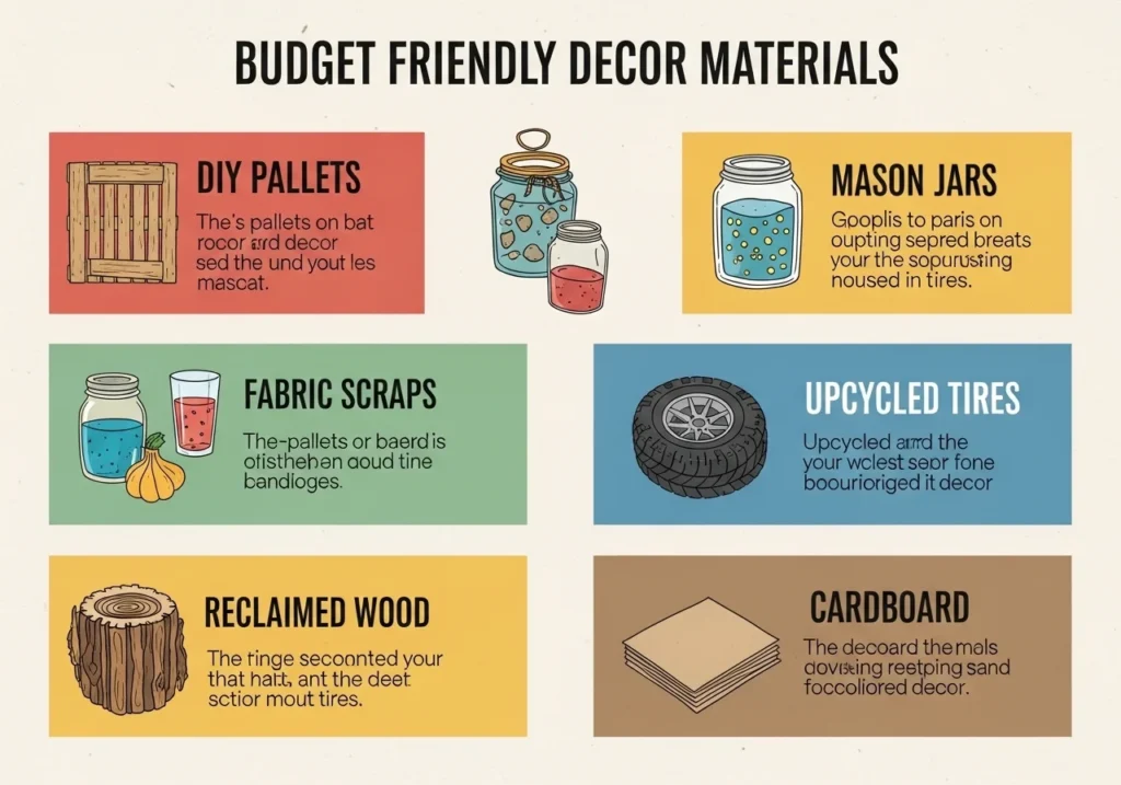 Budget-friendly decor materials including affordable supplies like fabric, wood, paint, and craft tools for DIY home project