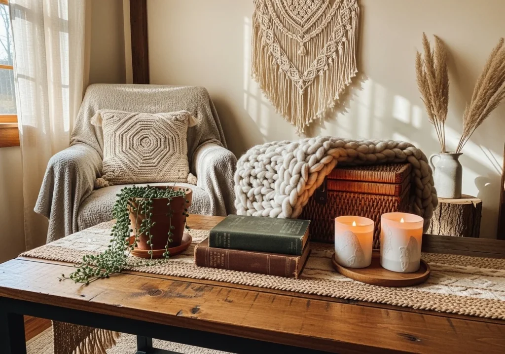 DIY home decor setup with handmade wall art, cozy lighting, budget-friendly decorations, and stylish accessories creating a warm aesthetic space.