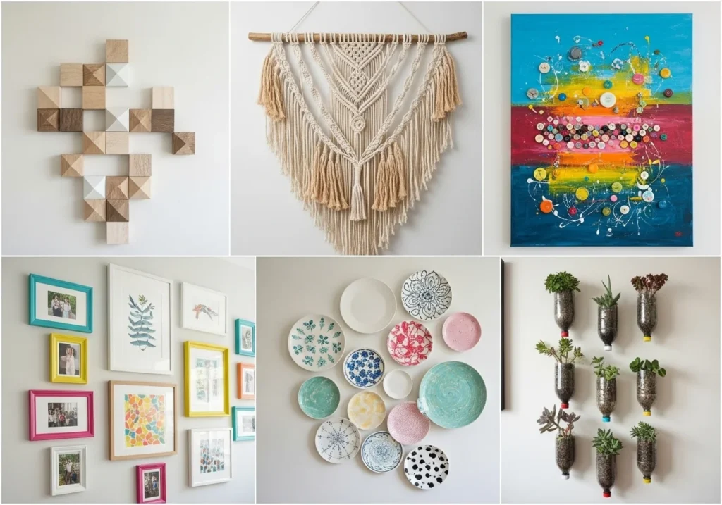 DIY home decor setup with handmade wall art, cozy lighting, budget-friendly decorations, and stylish accessories creating a warm aesthetic space.