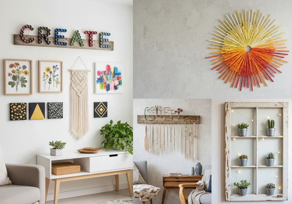 DIY home decor setup with handmade wall art, cozy lighting, budget-friendly decorations, and stylish accessories creating a warm aesthetic space.