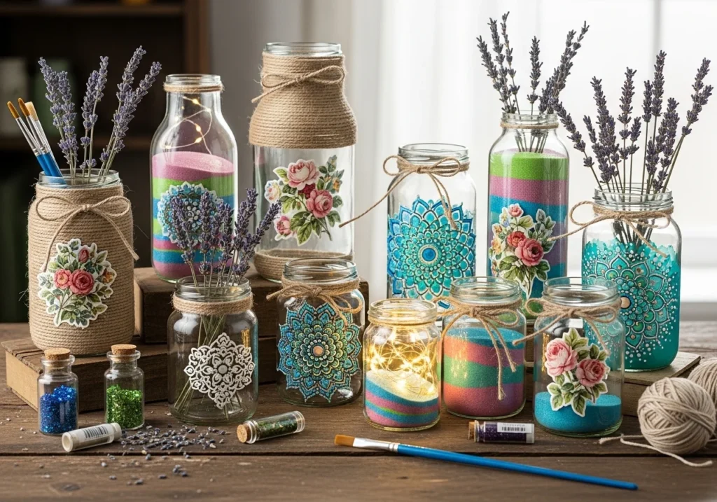 DIY home decor setup with handmade wall art, cozy lighting, budget-friendly decorations, and stylish accessories creating a warm aesthetic space.